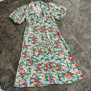 NOBODY’S CHILD Floral Maxi Dress Button Front Short Puff Sleeves Vneck Cottage